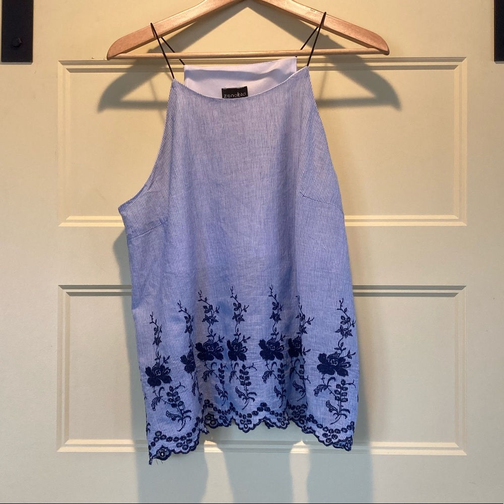 Zenobia White and Blue Pinstripe Summer Top